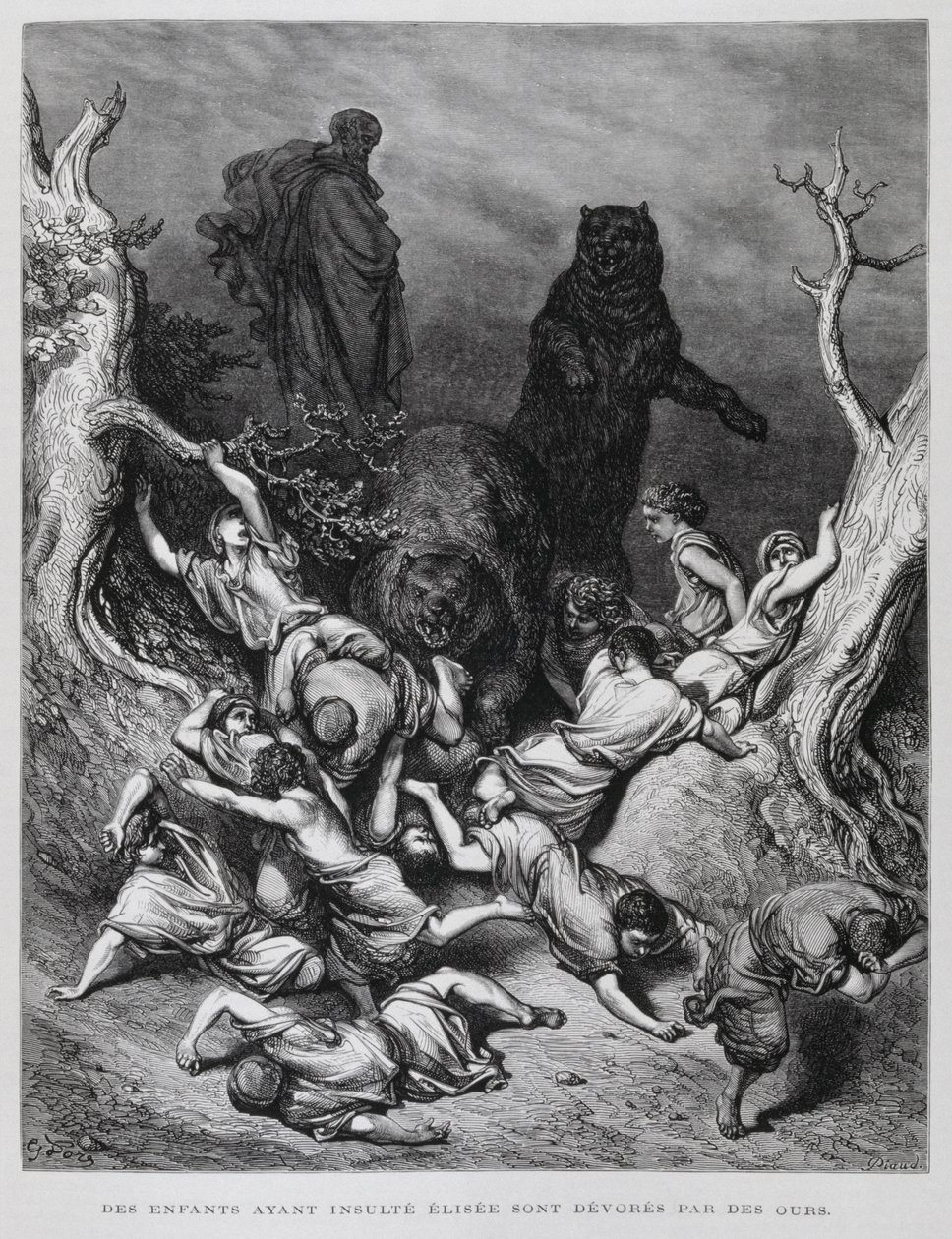 Elisa sieht zu, wie die Kinder von Bären zerstört werden, Illustration aus der Dore-Bibel von Gustave Dore
