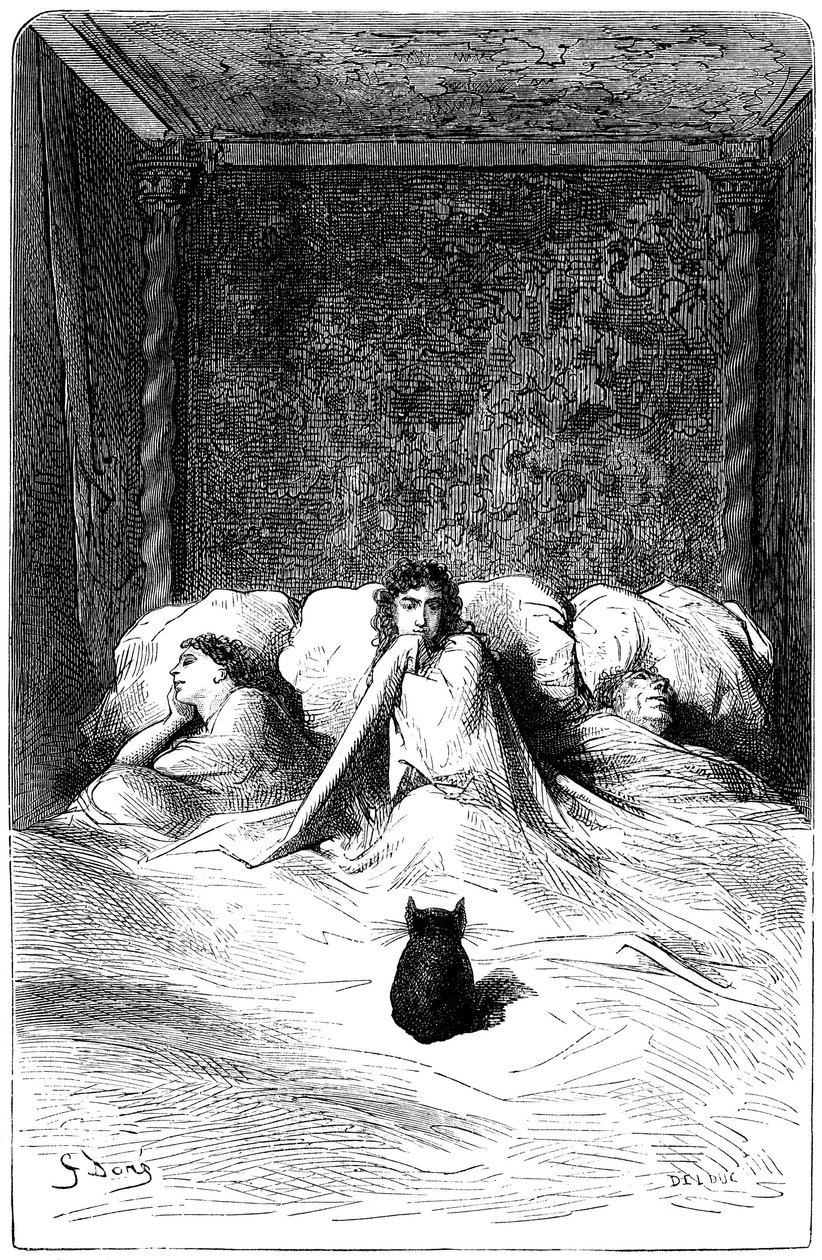 Illustration von Gustave Doré zum Roman von Théophile Gautier „Der Kapitän Fracasse“. Charpentier-Ausgabe 1863. Im Wohnsitz des Barons von Sigognac, dem „Schloss der Misere“, fand eine Truppe von Komödianten Zuflucht. Drei Schauspielerinnen schliefen in e von Gustave Dore