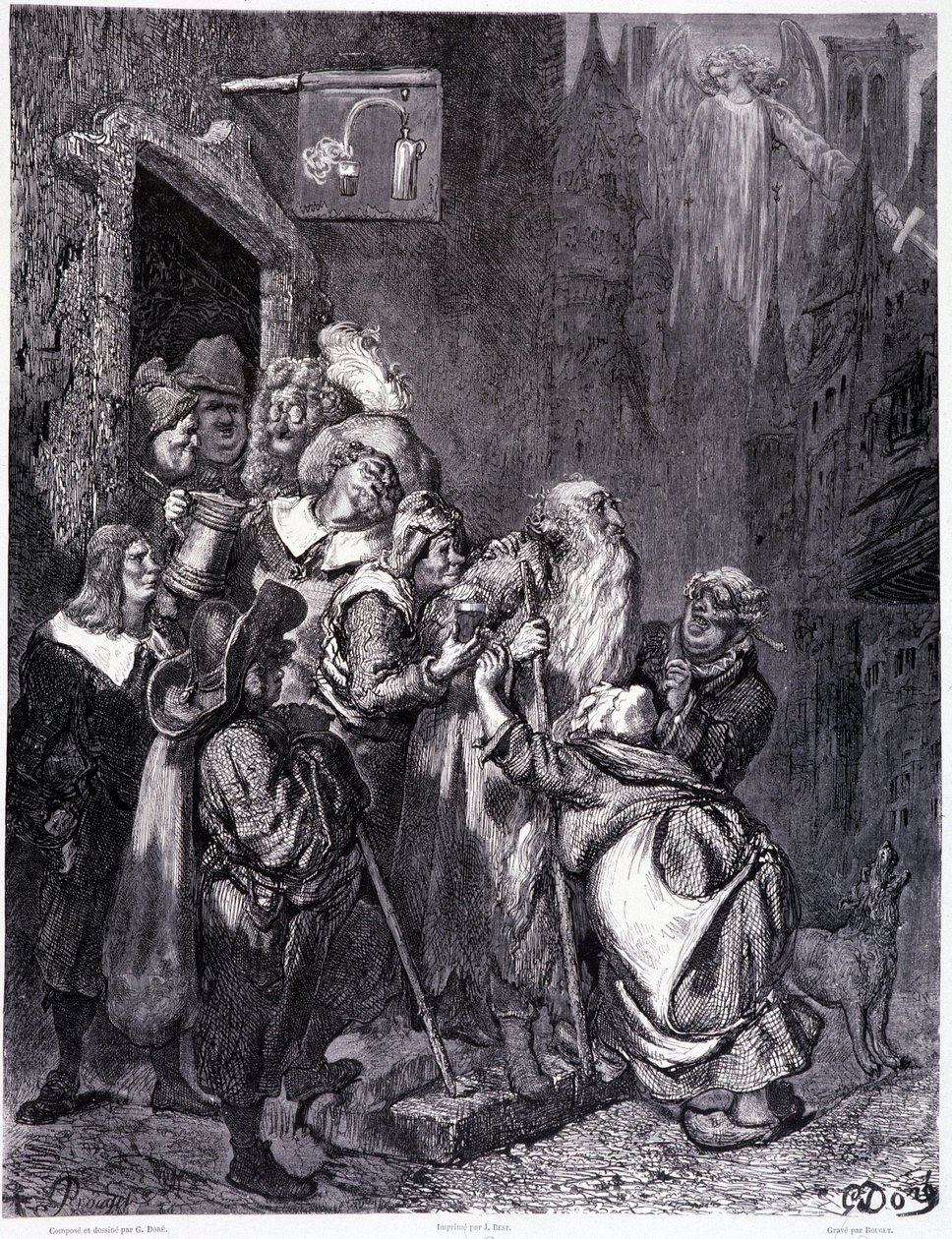 Tritt in dieses Gasthaus ein, Tafel IV - Illustration von Gustave Doré für La légende du Juif errant von Pierre Dupont, Paris 1862 von Gustave Dore