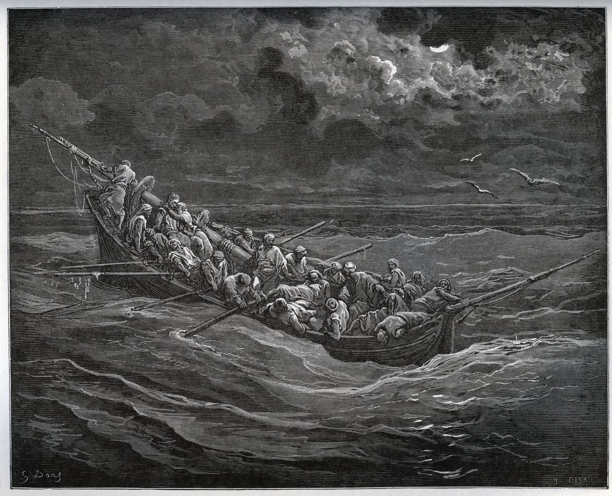 Flucht von Zoraide mit dem Gefangenen im Boot voller Flüchtlinge von Algier nach Spanien - aus „Don Quixote de la Mancha“ von Miguel Cervantes (1547-1616) - Holzschnitt nach einer Zeichnung von Gustave Doré von Gustave Dore