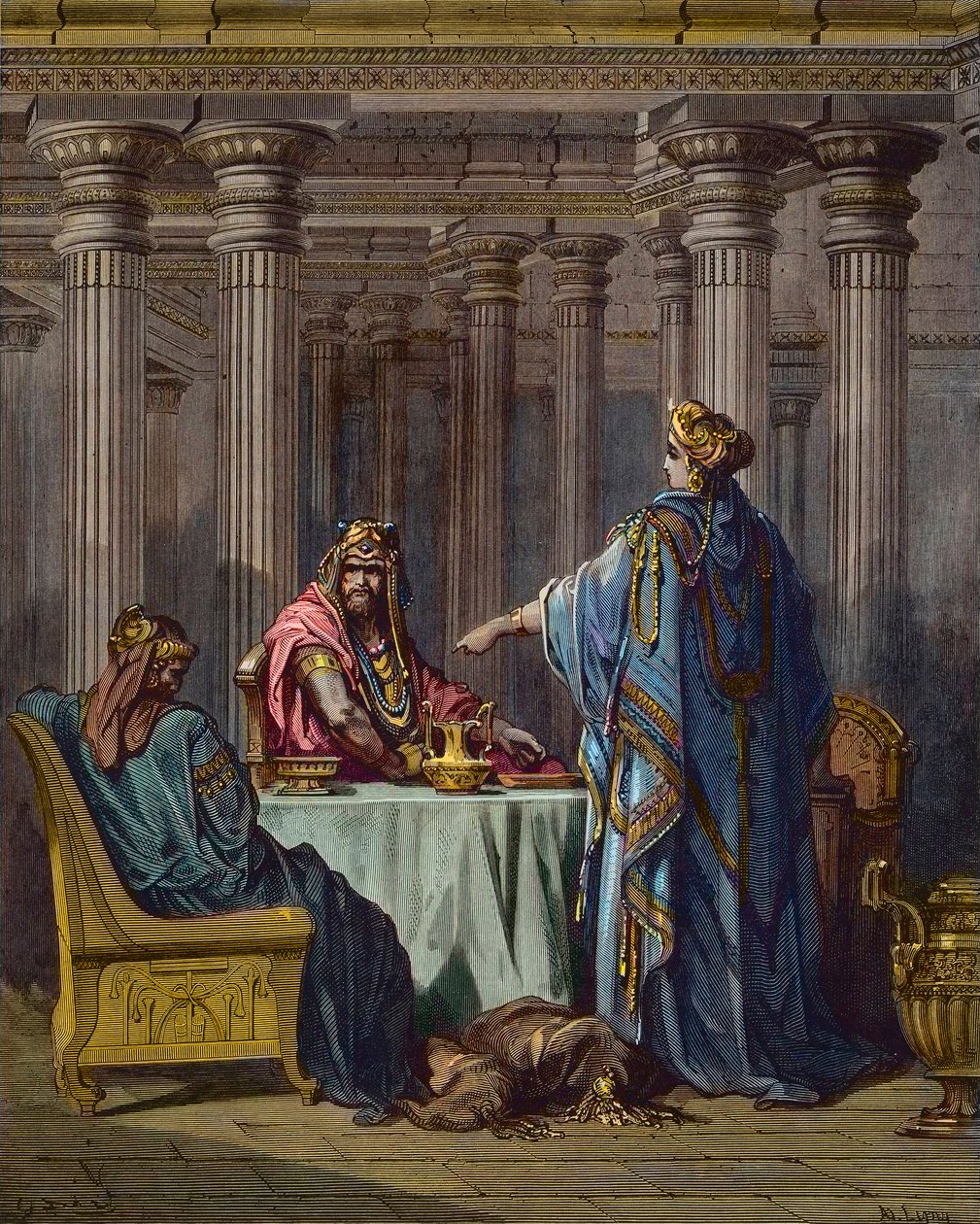Esther beschuldigt Haman - biblische Szenen, Esther und Haman, Holzstich von Gustave Doré - spätere Kolorierung. von Gustave Dore