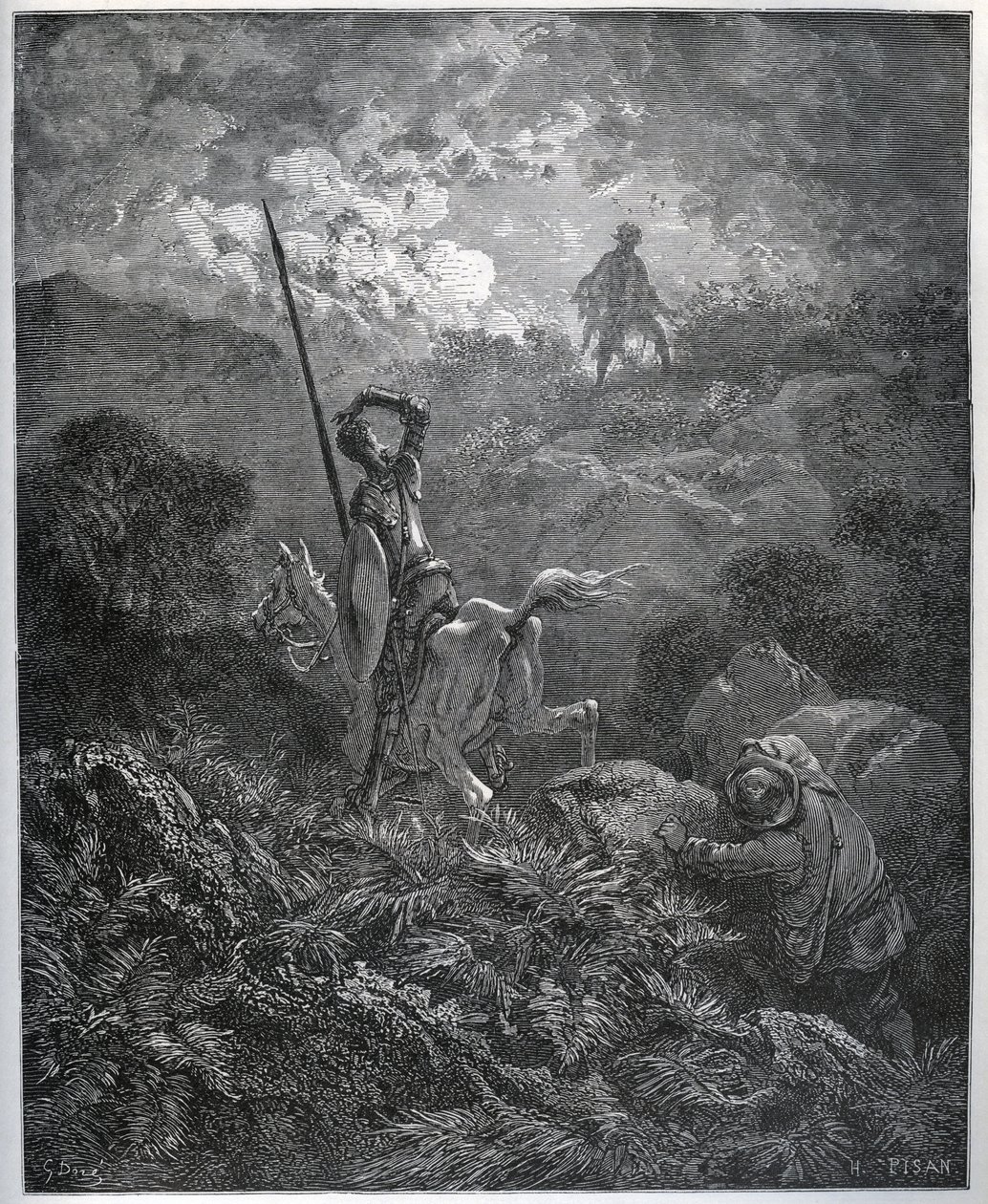 Erste Erscheinung der Deguenille-de-la-Malaise-Mine - aus „Don Quijote de la Mancha“ von Miguel Cervantes (1547-1616) (Don Quijote) - Holzschnitt nach einer Zeichnung von Gustave Dore. von Gustave Dore