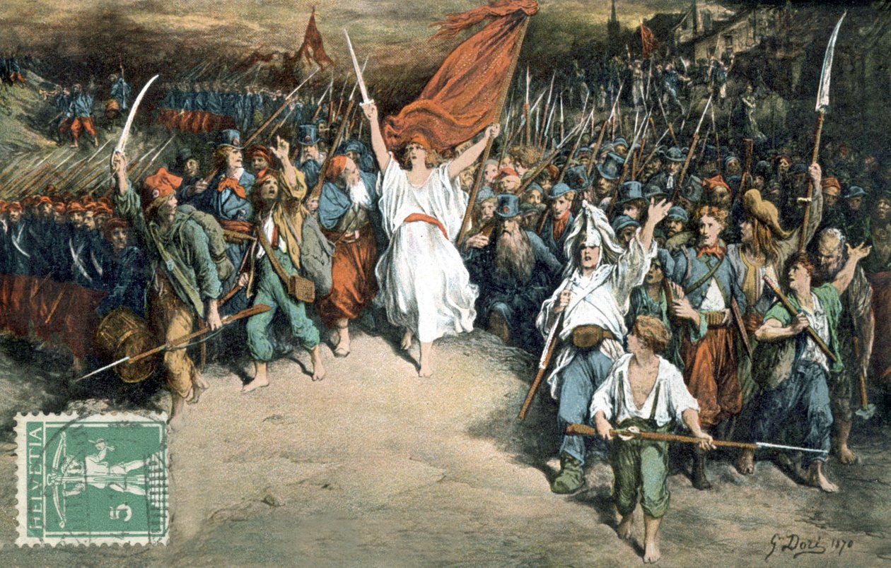 Französische Republik führt das französische Volk zum Kampf gegen die Preußen, Zeichnung von Gustave Dore (1870), Postkarte von Gustave Dore