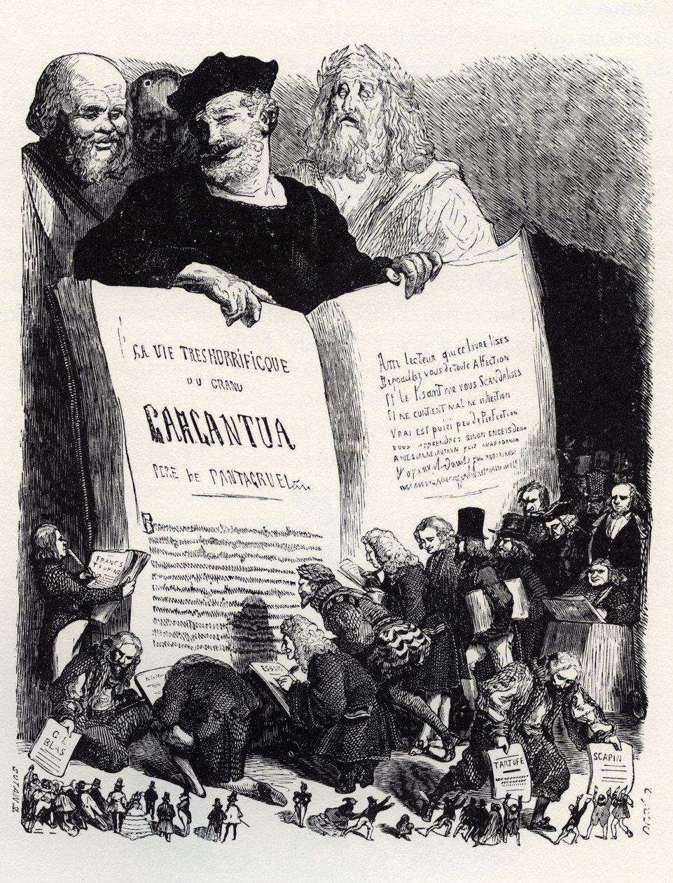 Frontispiz der Ausgabe von 1854 - In Gesellschaft antiker und moderner Schriftsteller präsentiert Rabelais seinen zweiten Roman - Illustration aus 