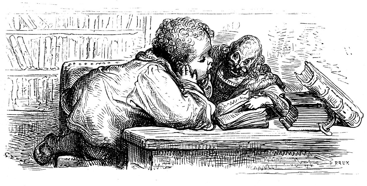 Gargantuas Erziehung: Er lernt mit seinem Lehrer lesen. Illustration von Gustave Doré für das Werk von François Rabelais. von Gustave Dore