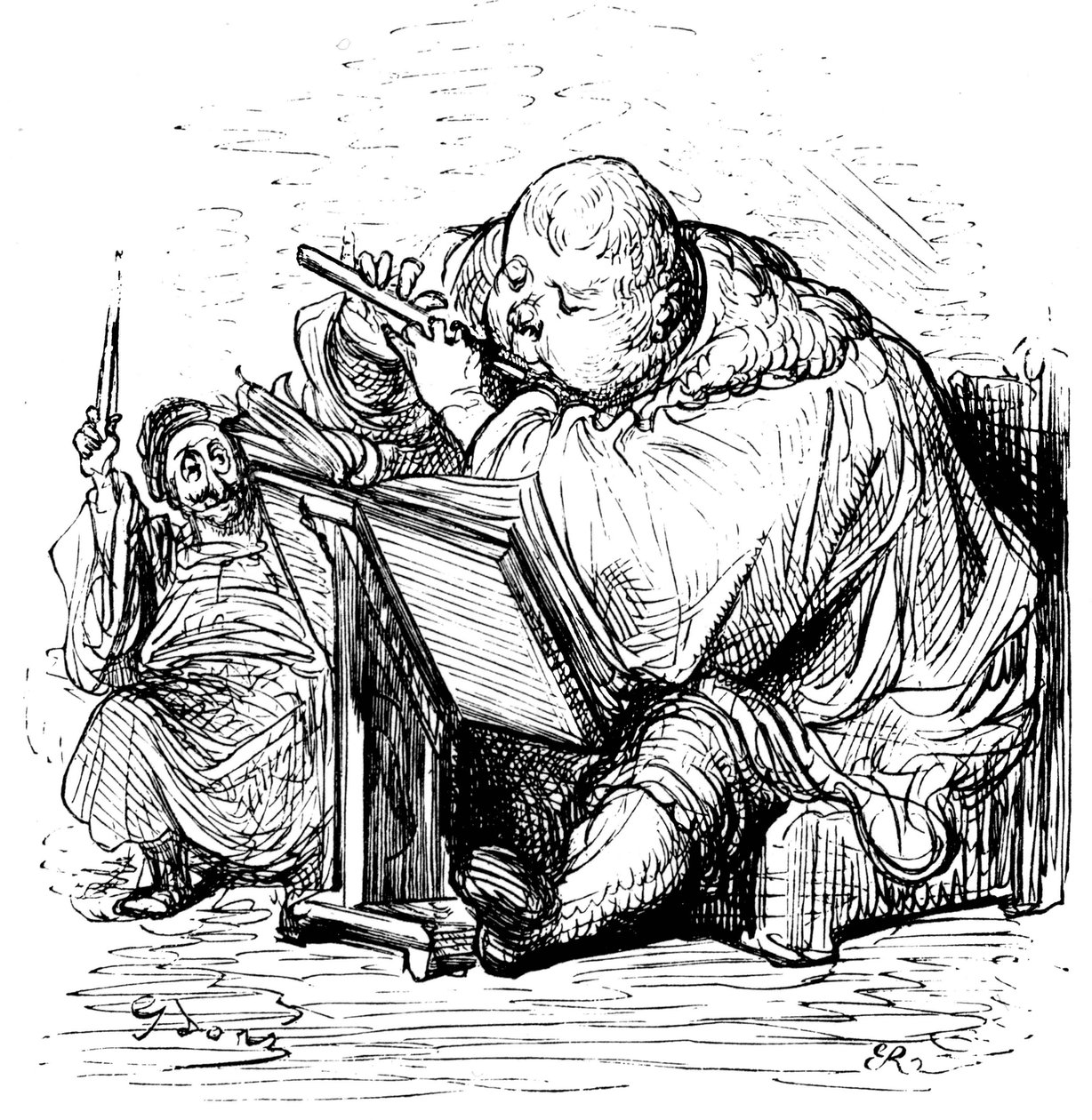 Gargantua-Erziehung: Der junge Herr lernt Flöte spielen mit seinem Musiklehrer. Gravur von Gustave Doré zur Illustration des Werks von Rabelais. von Gustave Dore
