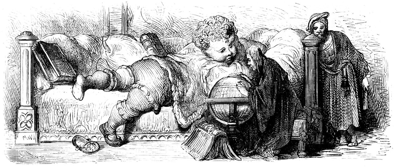 Gargantuas Erziehung: Der Riese als Kind liegt auf seinem Bett und studiert einen Globus mit seinen Lehrern. Illustration von Gustave Doré für das Werk von François Rabelais von Gustave Dore