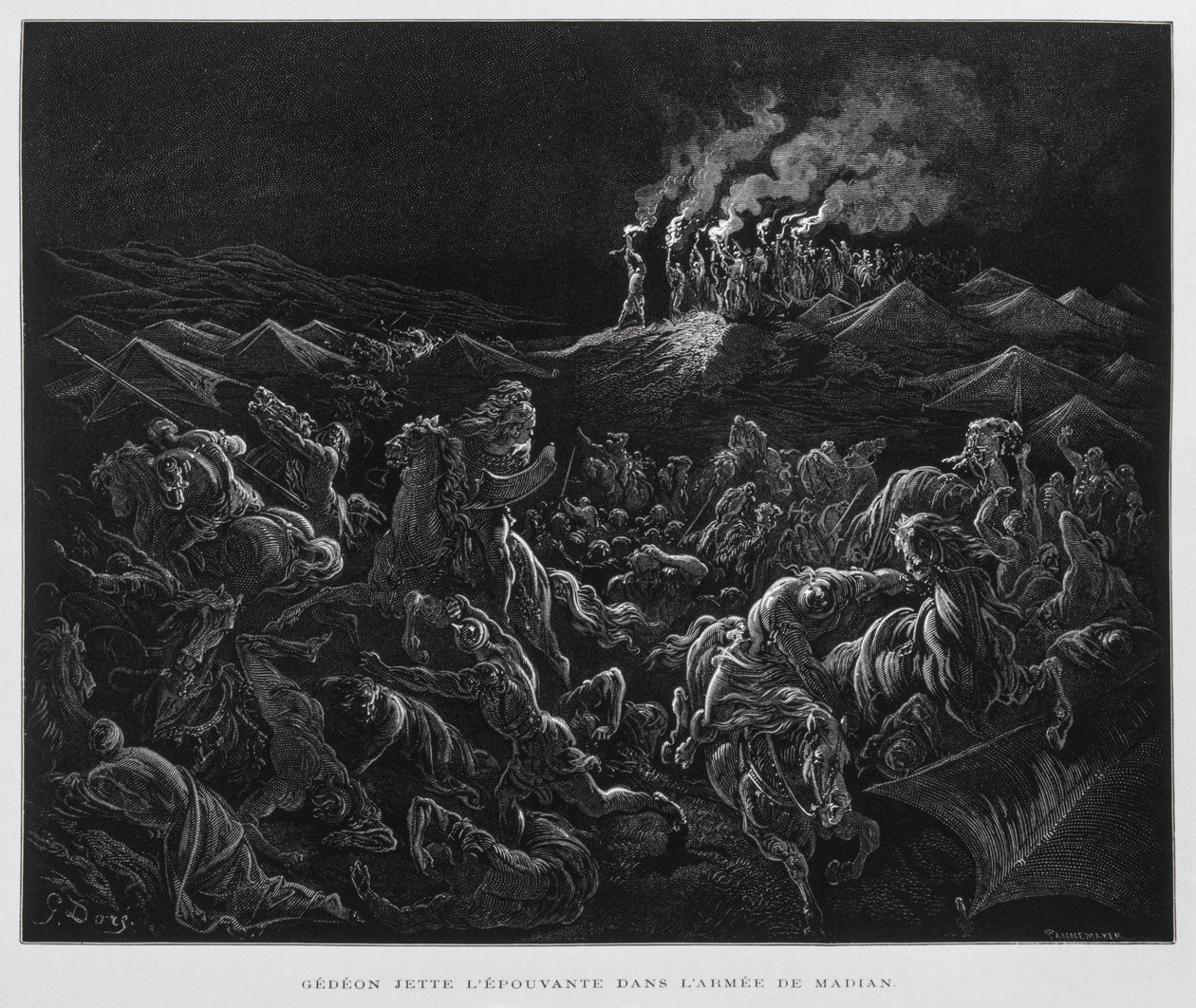 Gideon greift die Midianiter nachts an, Illustration aus der Dore-Bibel von Gustave Dore