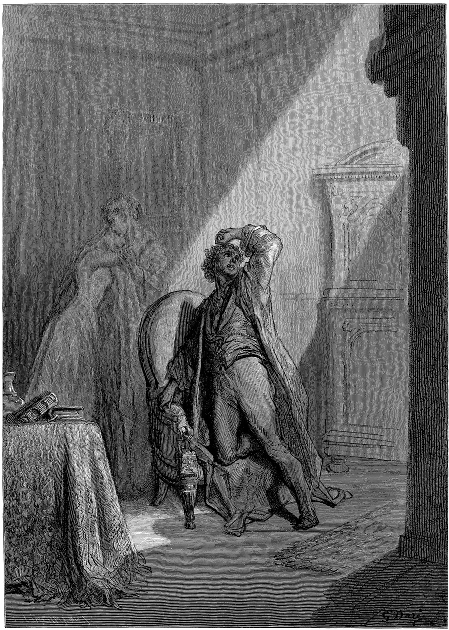 Illustration von Gustave Doré (1832-1883) für Edgar Allan Poes Kurzgeschichte „Der Rabe“. Diese Serie wurde 1883, dem Jahr seines Todes, von Doré fertiggestellt und ist daher eines seiner letzten Werke. von Gustave Dore