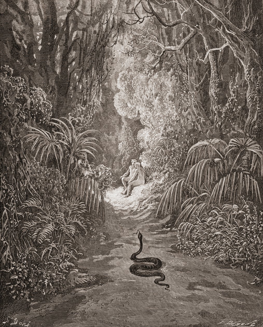 Illustration von Gustave Doré (1832-1883), französischer Künstler und Illustrator, für „Das verlorene Paradies“ von John Milton, Buch IX, Zeilen 434 und 435 von Gustave Dore