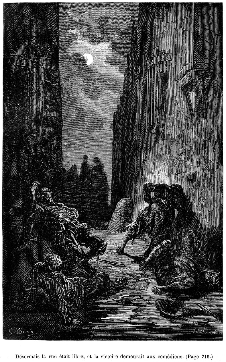 Illustration von Gustave Doré für Théophile Gautiers Roman „Le Capitaine Fracasse“ - Edition Charpentier 1883, praktisch identisch mit der ersten Ausgabe, die 1866 vom selben Verlag illustriert wurde. Kapitel „Schwert, Schlagen und andere Abenteuer“ von Gustave Dore