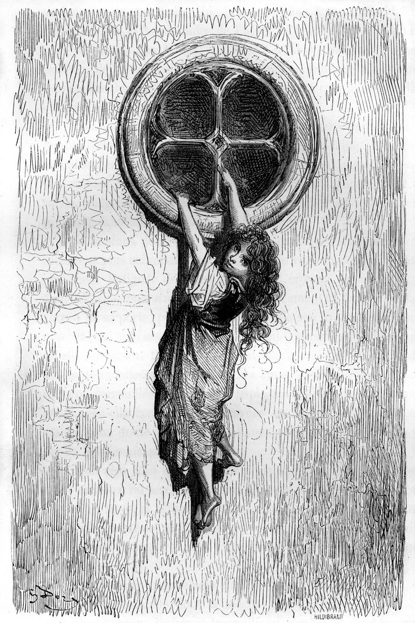 Illustration von Gustave Doré für den Roman „Le Capitaine Fracasse“ von Théophile Gautier (1811-1872). Geschickt wie eine Katze und dünn wie eine Schlange, geht die junge Chiquita durch ein Fenster, um sich der gefangenen Isabelle anzuschließen. von Gustave Dore