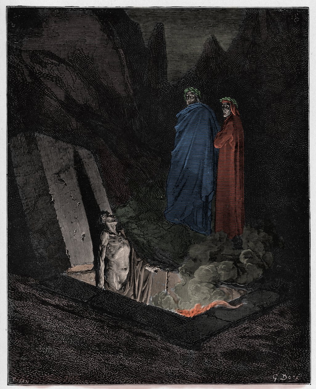 Inferno, Gesang 10: Farinata degli Uberti spricht zu Dante, Illustration aus "Die Göttliche Komödie" von Dante Alighieri, 1885 von Gustave Dore