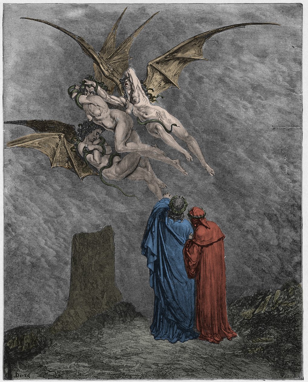 Inferno, Gesang 9: Die abscheulichen Erinyes: Megaera, Tisiphone, Alecto von Gustave Dore