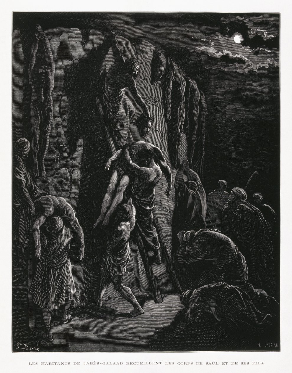 Jabesch-Gileaditen bergen die Leichen von Saul und seinen Söhnen, Illustration aus der Dore-Bibel von Gustave Dore