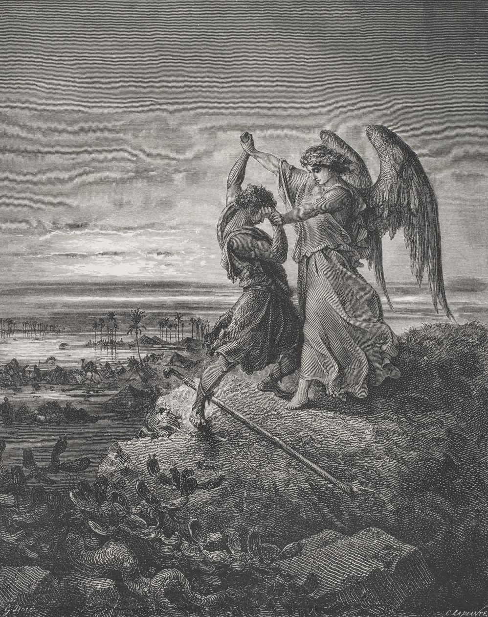 Jakob ringt mit dem Engel, Genesis 32:24-32, Illustration aus Dores 
