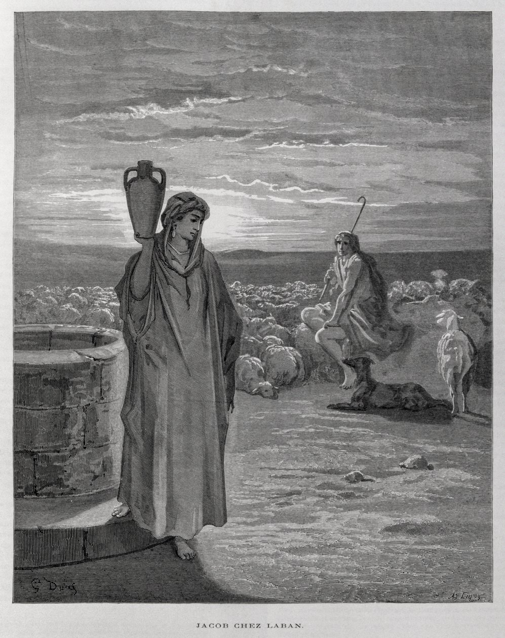 Jakob sieht Rahel am Brunnen von Labans Haus, Illustration aus der Dore-Bibel von Gustave Dore