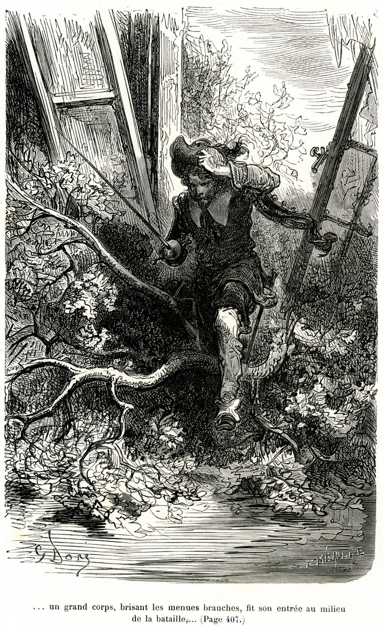 Jacquemin Lampourde, die Pistole in der Hand, kam zu einem Punkt in der Schlacht. Stich von Gustave Doré, der den Schelmenroman von Théophile Gautier „Der Kapitän Fracasse“ illustriert, Charpentier-Ausgabe 1863 von Gustave Dore