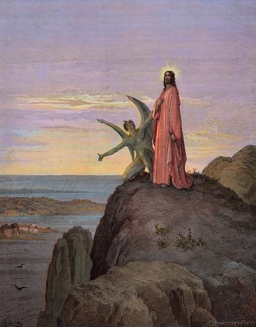 Jesus in der Wüste, der Versuchung des Teufels ausgesetzt - Die Versuchung Christi - Satan versuchte Jesus - Gravur von Gustave Doré - spätere Kolorierung von Gustave Dore
