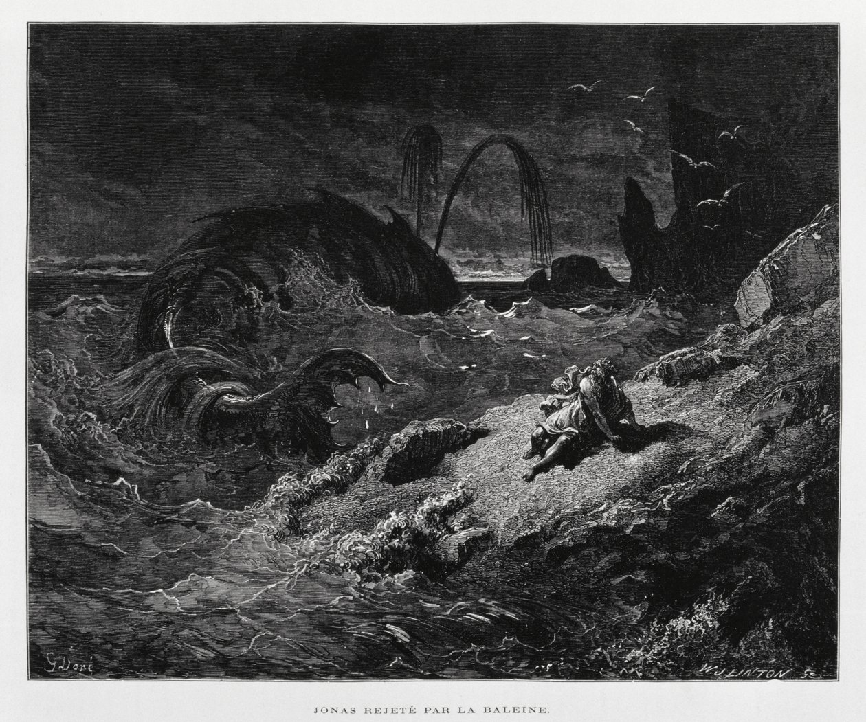 Jona wird vom Wal an Land gespuckt, Illustration aus der Dore-Bibel von Gustave Dore