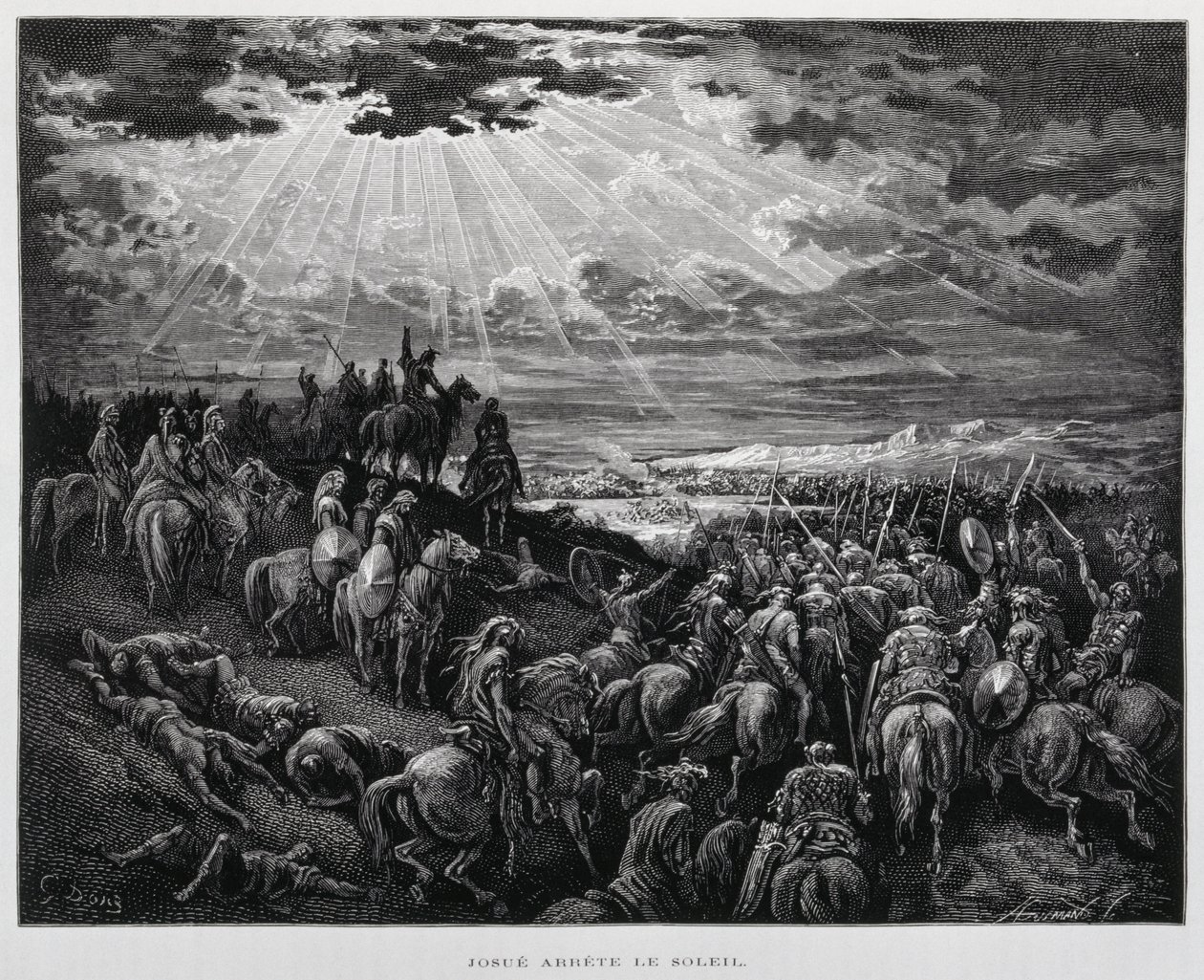 Josua lässt die Sonne stillstehen, Illustration aus der Dore-Bibel von Gustave Dore