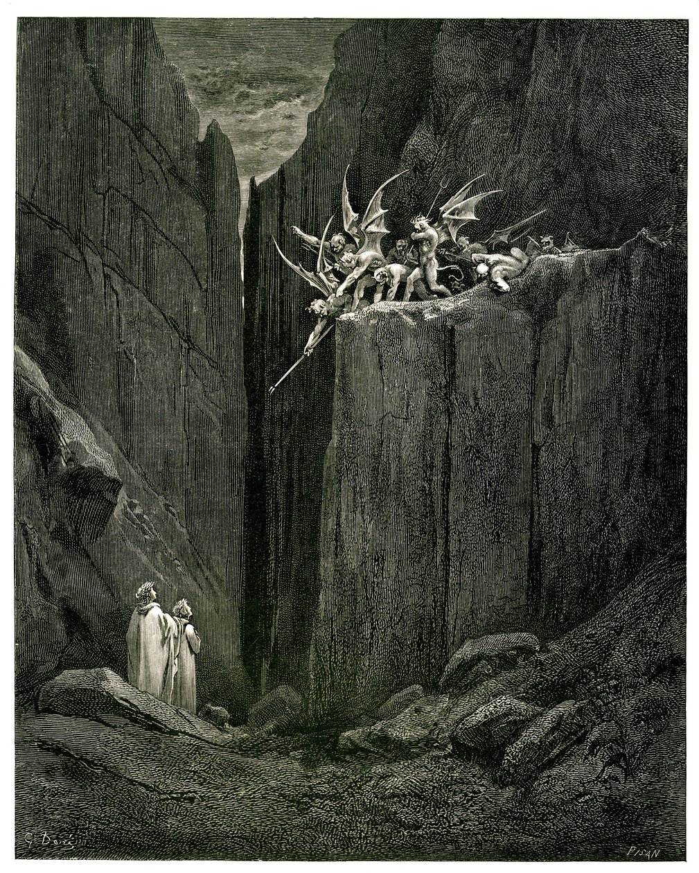 Die Hölle (Die göttliche Komödie) von Dante Alighieri, illustriert von Gustave Doré. Ausgabe Hachette 1861. Französische Übersetzung von Pier-Angelo Fiorentino. Dante und Virgil gegenüber den Dämonen: Kaum hatten seine Füße den Grund erreicht - Des Bodens  von Gustave Dore