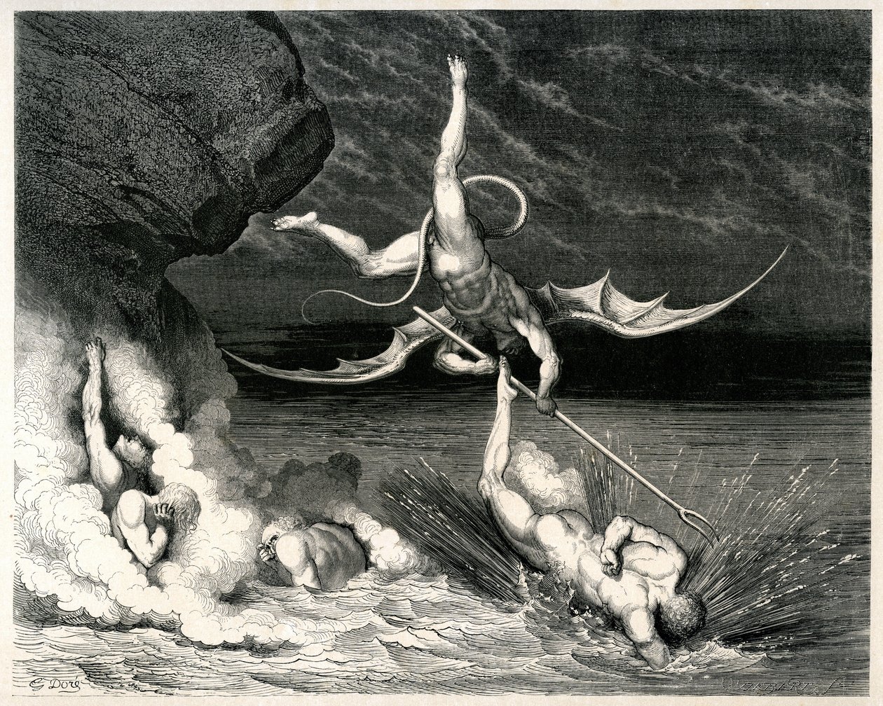 Die Hölle (La divina commedia) von Dante Alighieri illustriert von Gustave Doré. Hachette-Ausgabe 1861 - Dämon - Französische Übersetzung von Pier-Angelo Fiorentino.... Si mosse, e grido: Tu se 
