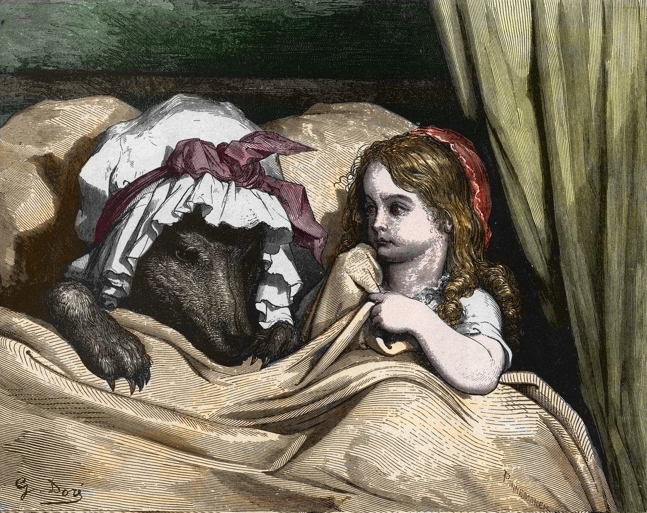 Rotkäppchen und der Wolf mögen die Großmutter nicht. Illustration von Gustave Doré von Gustave Dore