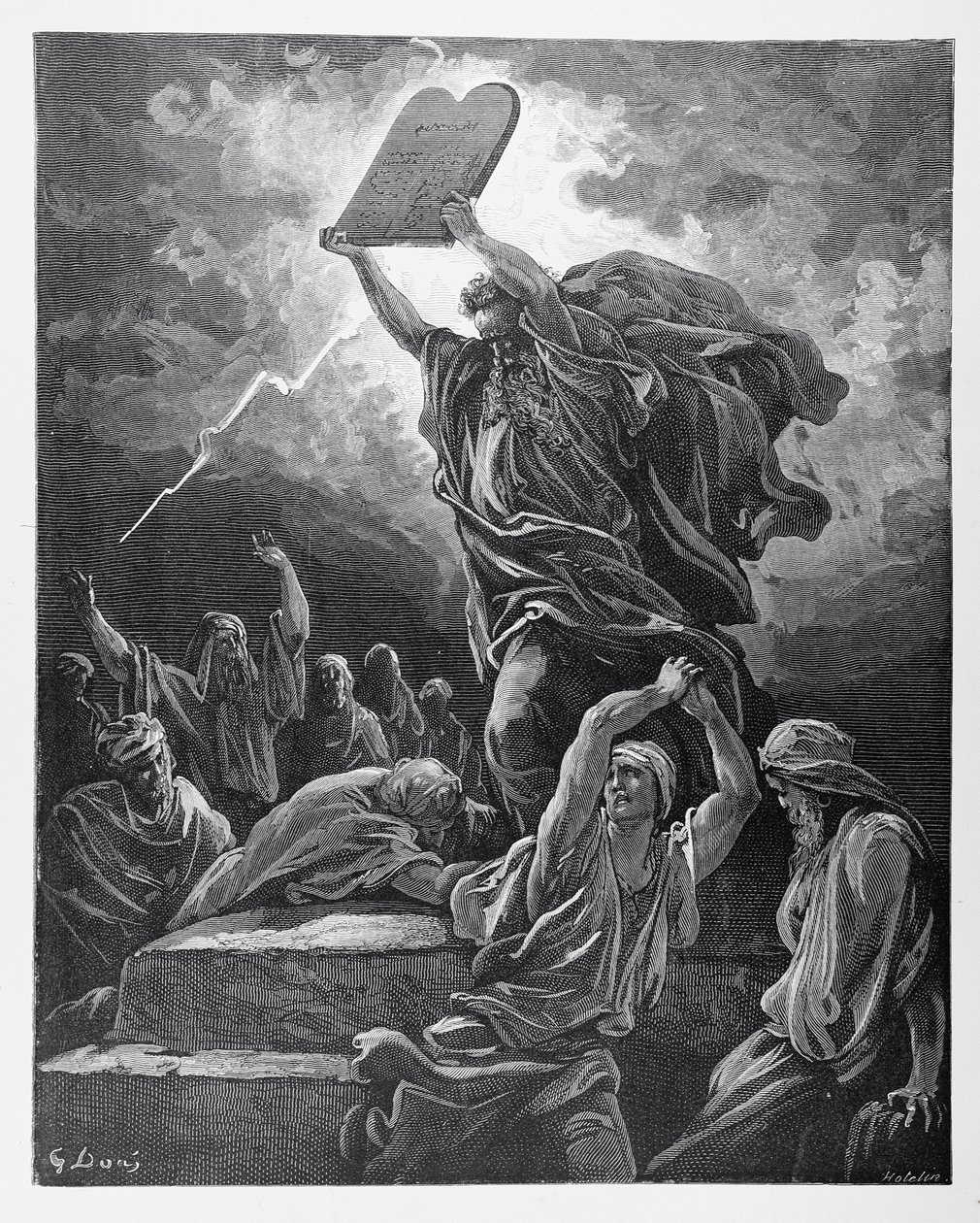 Moses zerbricht die Gesetzestafeln, graviert von Hotelin, ca. 1868 von Gustave Dore