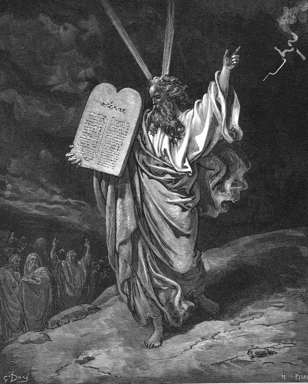 Moses steigt mit den Gesetzestafeln (Zehn Gebote) vom Berg Sinai herab. Exodus 5.35. Illustration von Gustave Doré (1832-1883) für Die Bibel (London 1866). Holzstich. von Gustave Dore