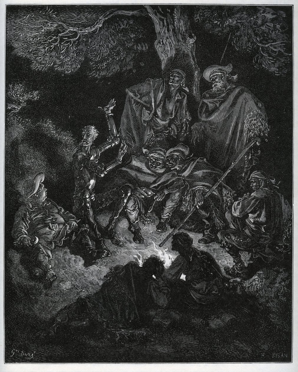 Nachtlicht, wo Don Quijote die Geschichte der Welt den Ziegen und einem Sancho Panza erzählt - aus „Don Quijote de la Mancha“ von Miguel Cervantes (1547-1616) (Don Quijote) - Holzschnitt nach einer Zeichnung von Gustave Dore. von Gustave Dore