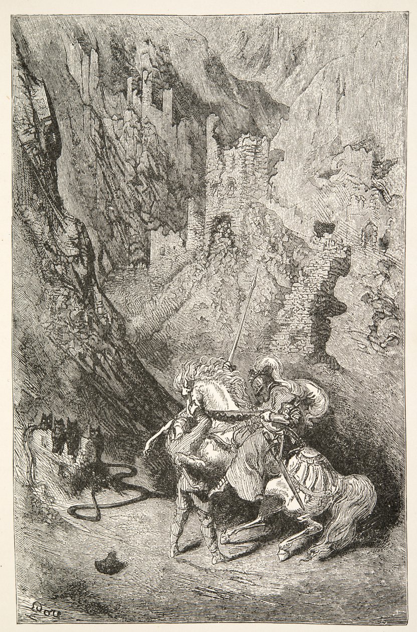 Auf dem Weg zur Grünen Kapelle, aus Geschichten der Tage von König Artus von Charles Henry Hanson, veröffentlicht 1898 von Gustave Dore