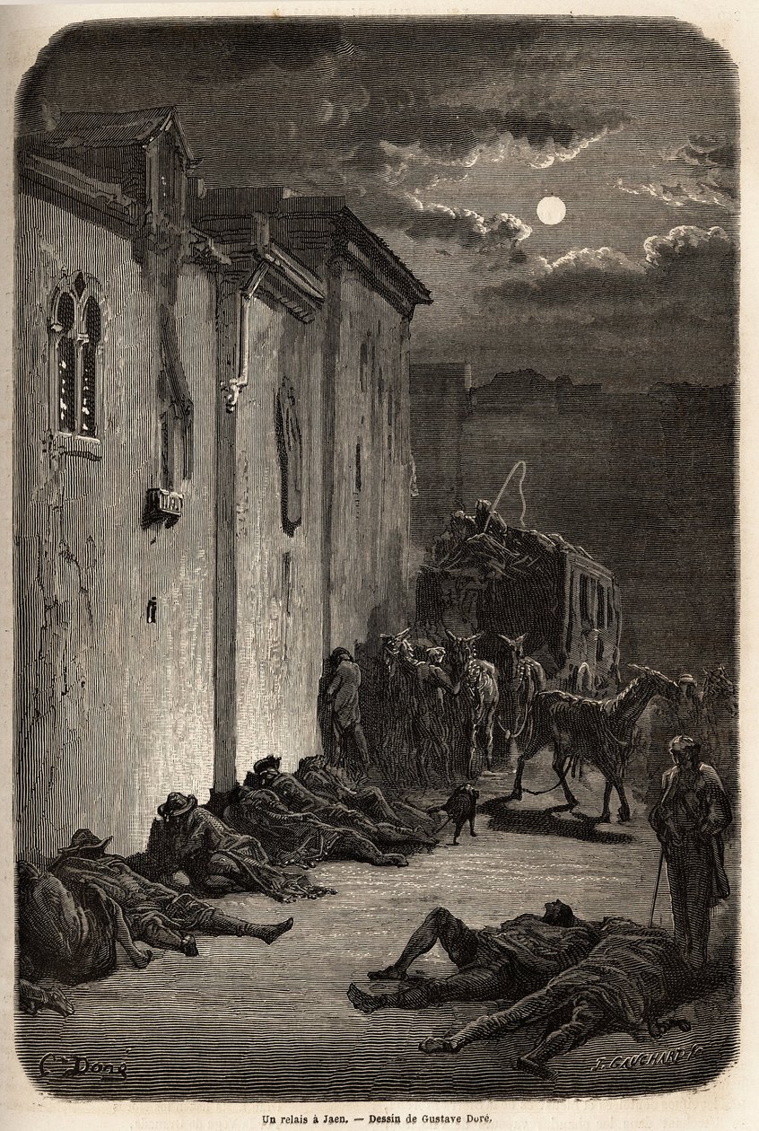 Eine Nacht in einem Relais in Jaen. Zeichnung von Gustave Doré zur Illustration seiner Reise nach Spanien 1862 mit Ch. Davillier. Gravur in „Le tour du monde“, herausgegeben von Edouard Charton von Gustave Dore