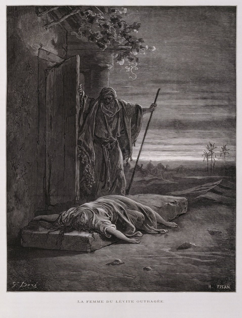 Empörung in Gibea, der Levit trägt seine tote Konkubine weg, Illustration aus der Dore-Bibel von Gustave Dore