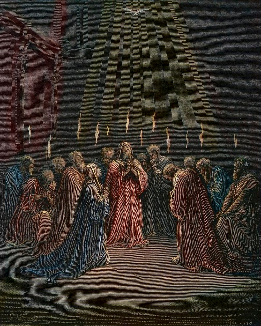Pfingsten - Pfingsten (Kommen des Heiligen Geistes) - Pfingsten, der Abstieg des Heiligen Geistes, Gravur von Gustave Doré (1832-1883) - spätere Kolorierung von Gustave Dore