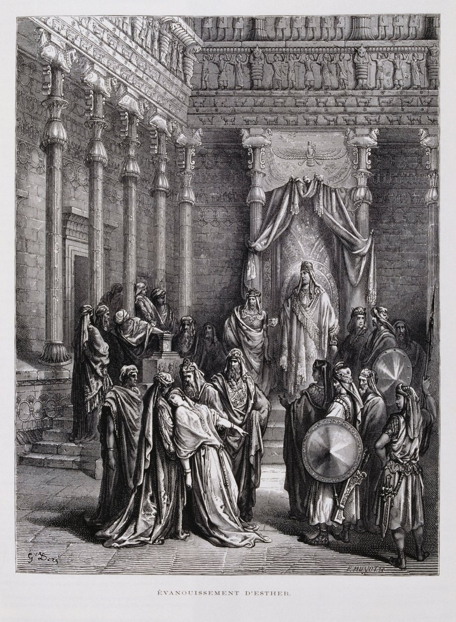 Königin Esther fällt vor dem König in Ohnmacht, Illustration aus der Dore-Bibel von Gustave Dore