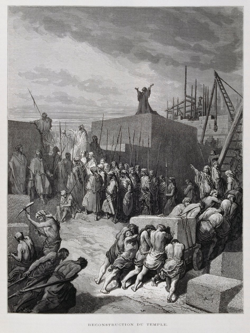Wiederaufbau des Tempels in Jerusalem, Illustration aus der Dore-Bibel von Gustave Dore