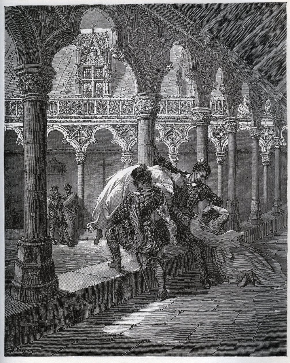 Erzählung von Don Fernand; er nimmt Luscinde aus dem Kloster, in dem sie Zuflucht gesucht hatte - aus „Don Quijote de la Mancha“ von Miguel Cervantes (1547-1616) (Don Quijote) - Holzschnitt nach einer Zeichnung von Gustave Doré von Gustave Dore