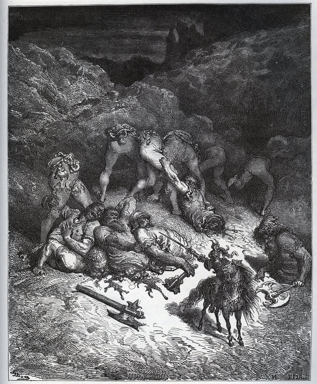 Erzählung der Taten von Felix-Mars von Hyrcania - aus „Don Quijote von der Mancha“ von Miguel Cervantes (1547-1616) - Holzschnitt nach einer Zeichnung von Gustave Doré von Gustave Dore