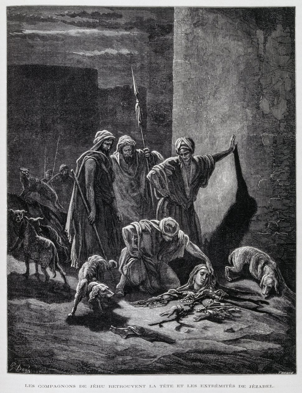 Überreste von Königin Isebel, nachdem sie aus den Palastfenstern geworfen wurde, Illustration aus der Dore-Bibel von Gustave Dore