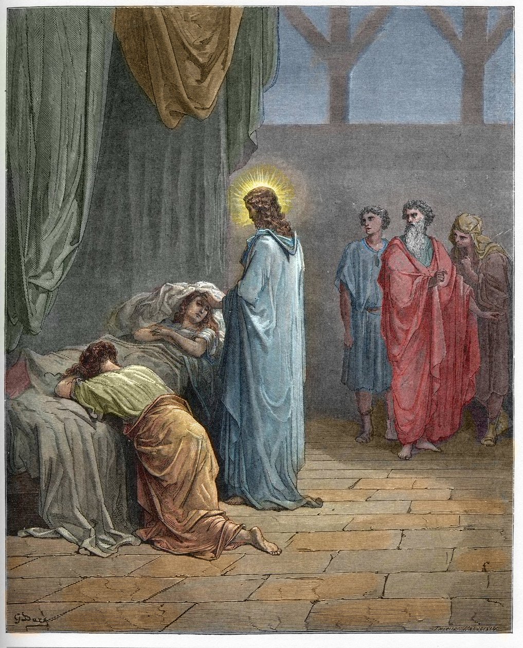 Auferweckung der Tochter des Jairus - Jesus erweckt die Tochter des Jairus - Gravur in „Die illustrierte Bibel“ von Gustave Doré - Gravur aus „Die Doré-Bibel“ von Gustave Dore