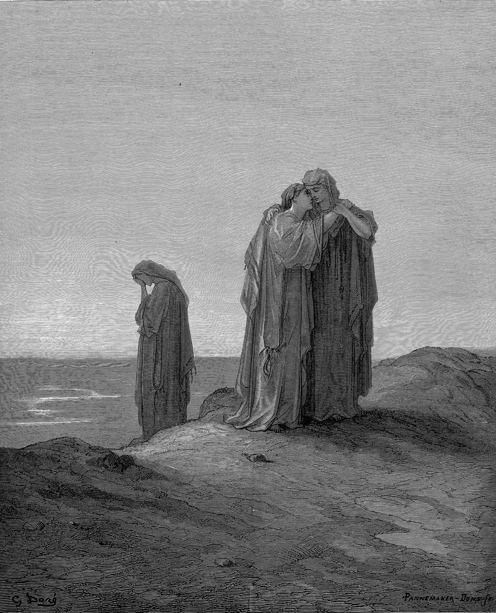 Ruth umarmt ihre Schwiegermutter Naomi und verspricht, bei ihr zu bleiben, jetzt wo sie trauern, 1866 von Gustave Dore