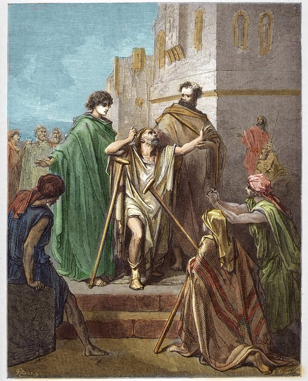 Heilung eines Lahmen durch St. Peter und St. Johannes - St. Peter, begleitet von St. Johannes, heilt auf wundersame Weise einen Lahmen in Jerusalem - Gravur in „Die illustrierte Bibel“ von Gustave Doré (1832-1883) - Gravur aus „Die Doré-Bibel“. von Gustave Dore