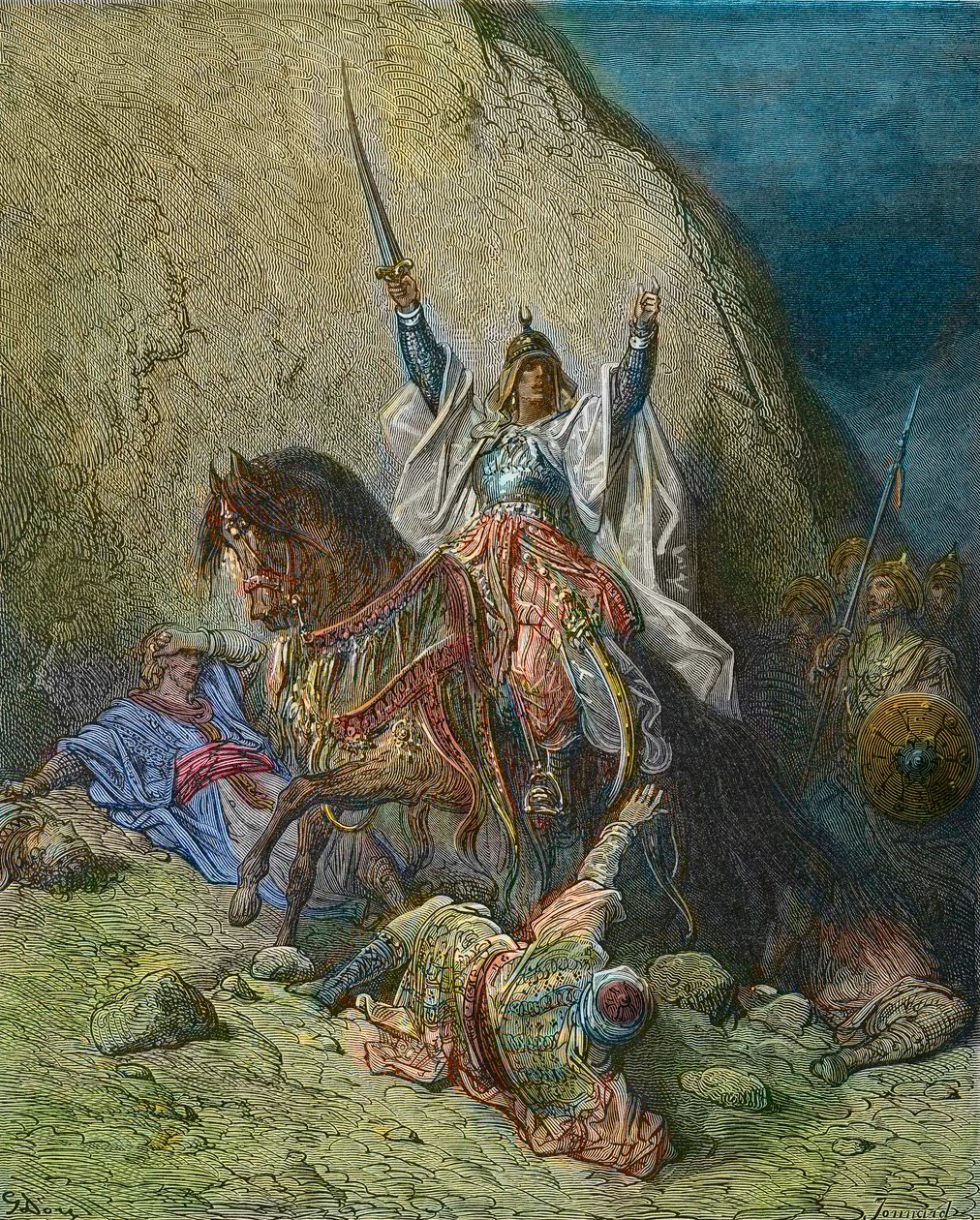 Saladin der Prächtige - König Saladin (1138-1193) (Salah al Din Yusuf al-Ayyubi) Kommandant der muslimischen Streitkräfte gegen die Kreuzzüge - Farbgravur des 19. Jahrhunderts von Gustave Dore - aus der Geschichte der Kreuzzüge von Joseph-Francois Michaud von Gustave Dore