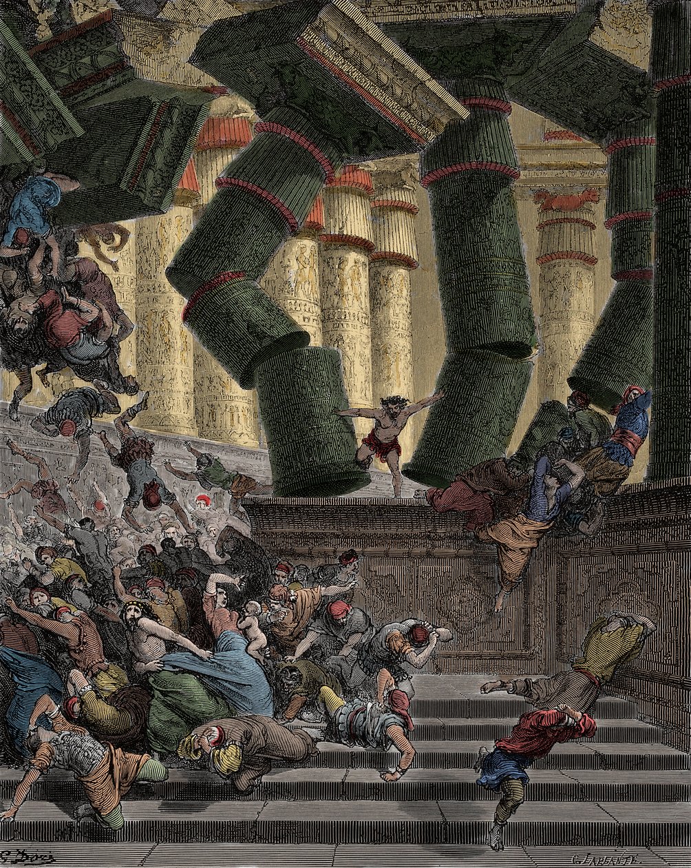 Samson bringt den Tempel von Dagon zum Einsturz. Gravur von Gustave Doré (1832-1883) von Gustave Dore