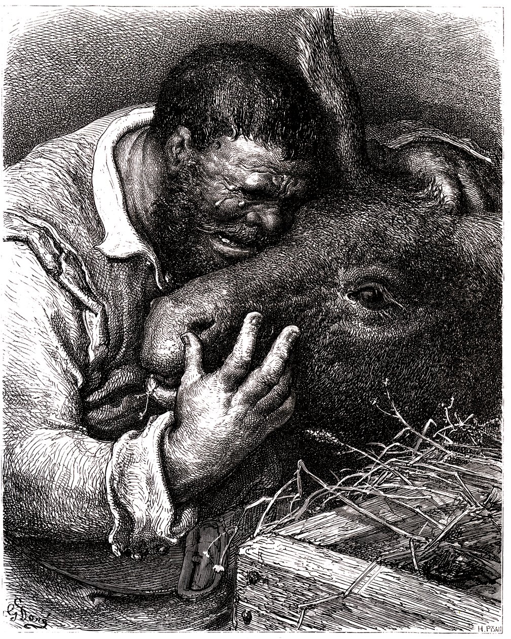 Sancho Panza weint, während er seinen Esel küsst von Gustave Dore