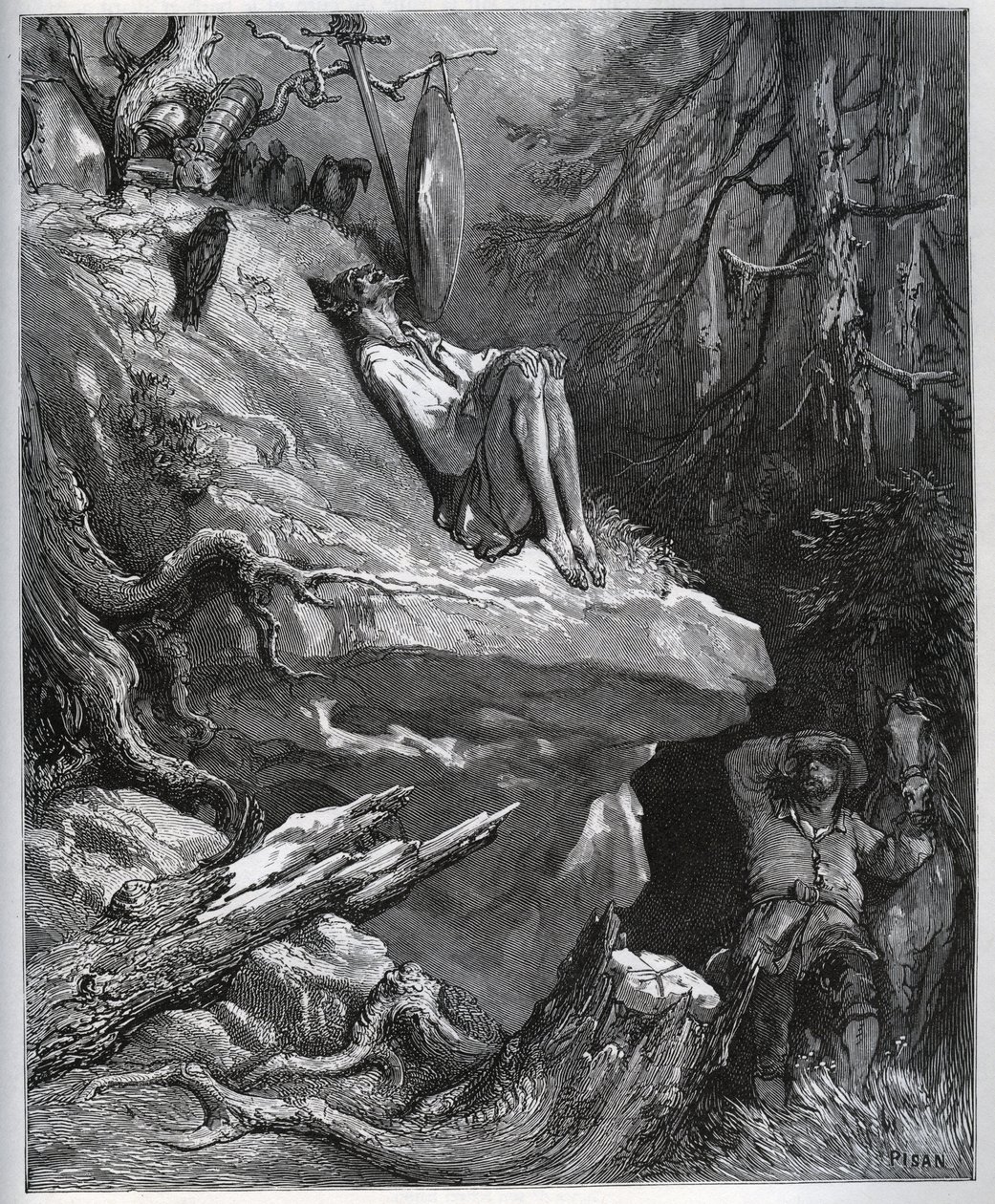 Sancho Panza findet seinen Meister, immer noch in Buße - aus „Don Quijote de la Mancha“ von Miguel Cervantes (1547-1616) - Holzschnitt nach einer Zeichnung von Gustave Doré von Gustave Dore