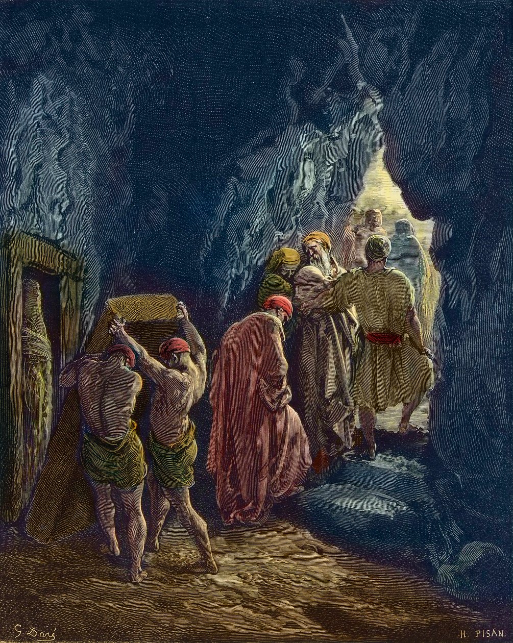 Der Tod von Sarah ist 127 Jahre alt - Die Beerdigung von Abrahams Frau Sarah - Gravur von Gustave Doré - spätere Kolorierung von Gustave Dore