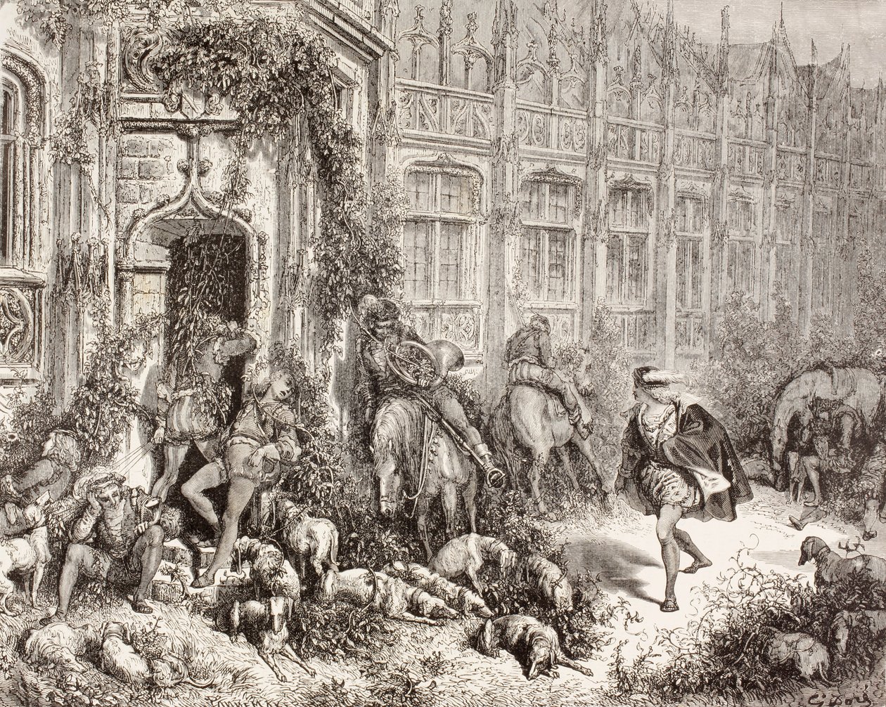 Szene aus Dornröschen von Charles Perrault. Aus El Mundo Ilustrado, veröffentlicht in Barcelona, ca. 1880. von Gustave Dore