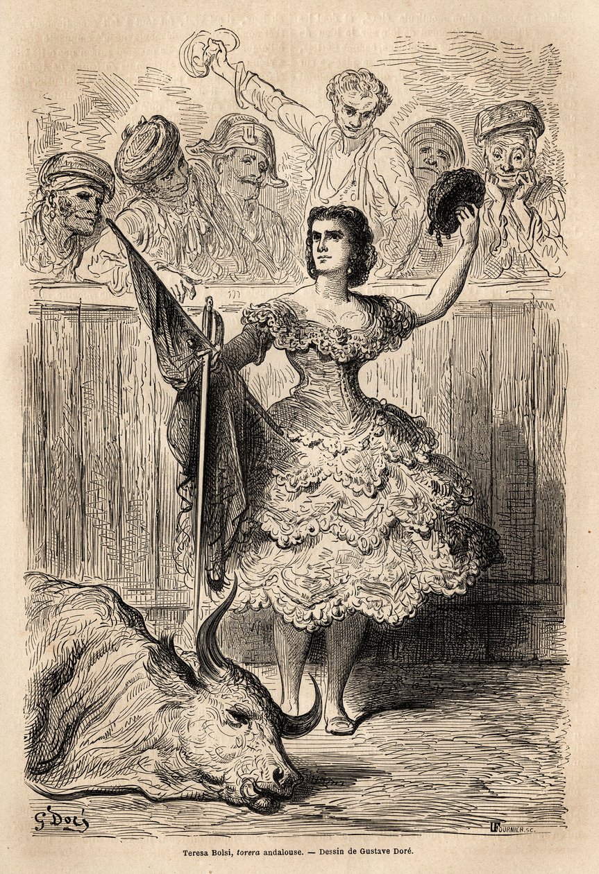Szene des Stierkampfs: der Triumph von Teresa Bolsi, andalusische Torrera, die die Versammlung in Sevilla grüßt. Skizze nach dem Leben von Gustave Dore (1832-1883). Gravur zur Illustration der Reise in Spanien, 1862 von Charles Davillier und G von Gustave Dore